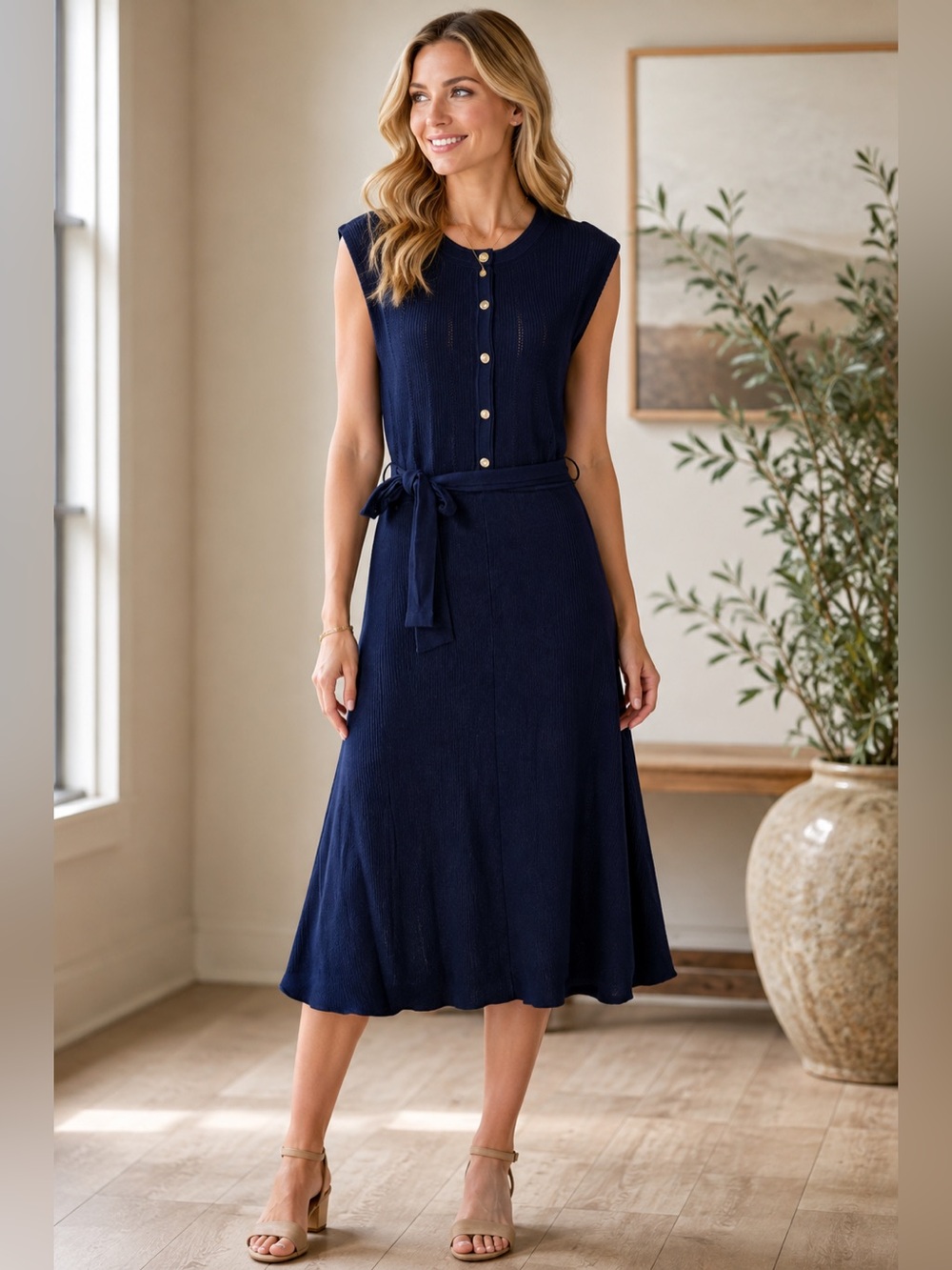 Tash + Sophie Navy Button-Front Midi Dress with Tie Waist size large